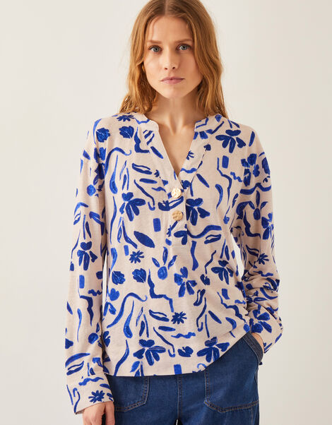 Ulla Floral Linen-Blend Top, Ivory (IVORY), large
