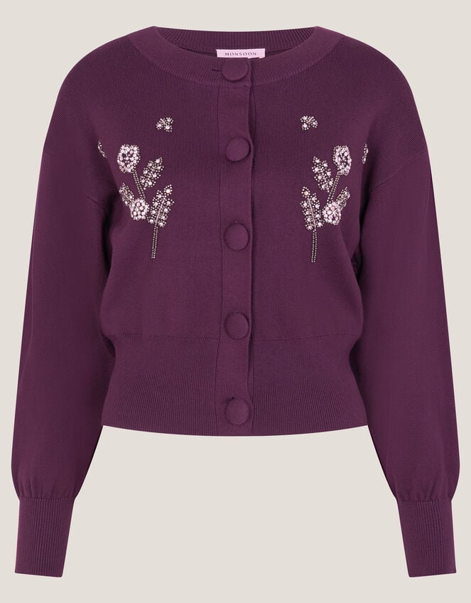 Floral Embellished Cardigan, Purple (AUBERGINE), large