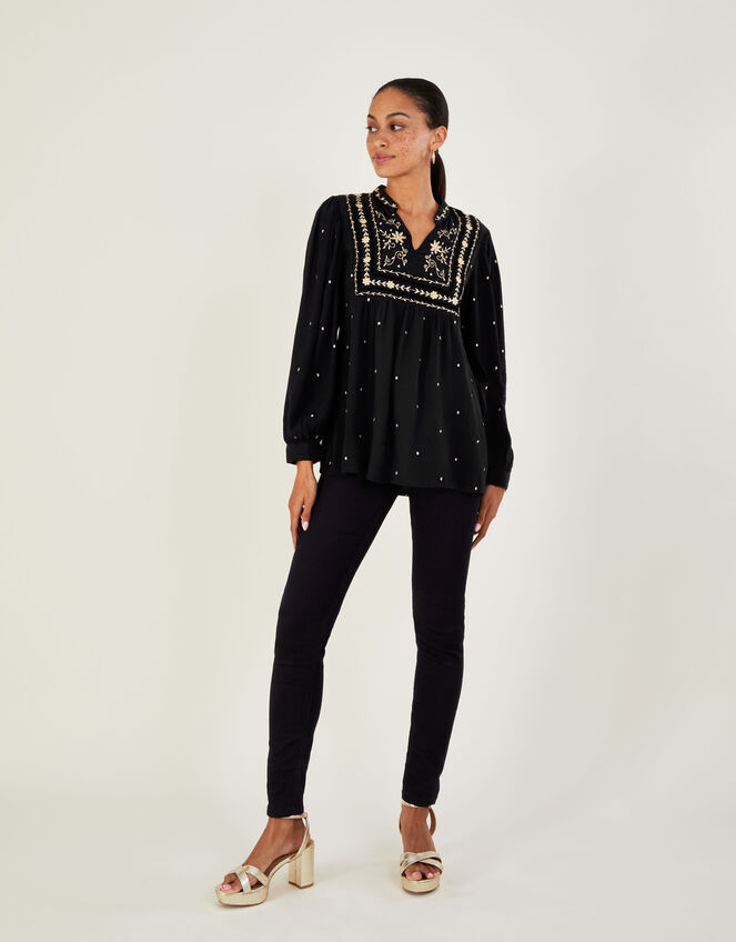 Edwina Embroidered Top in Sustainable Viscose, Black (BLACK), large