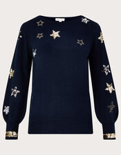 Sequin Star Jumper with Recycled Polyester, Blue (NAVY), large
