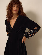 Clemence Constance V-Neck Floral Embroidered Velvet Midi Dress, Black (BLACK), large