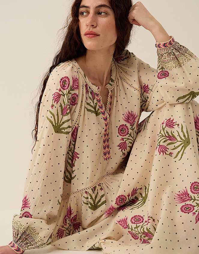 East Roza Hand-Woodblock Floral Cotton Dress, Multi (MULTI), large
