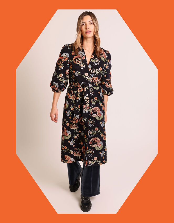 Traffic People Floral Puff Sleeve Duster Coat, Black (BLACK), large