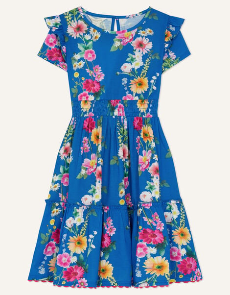 Short Sleeve Floral Print Jersey Dress Blue, Blue (BLUE), large