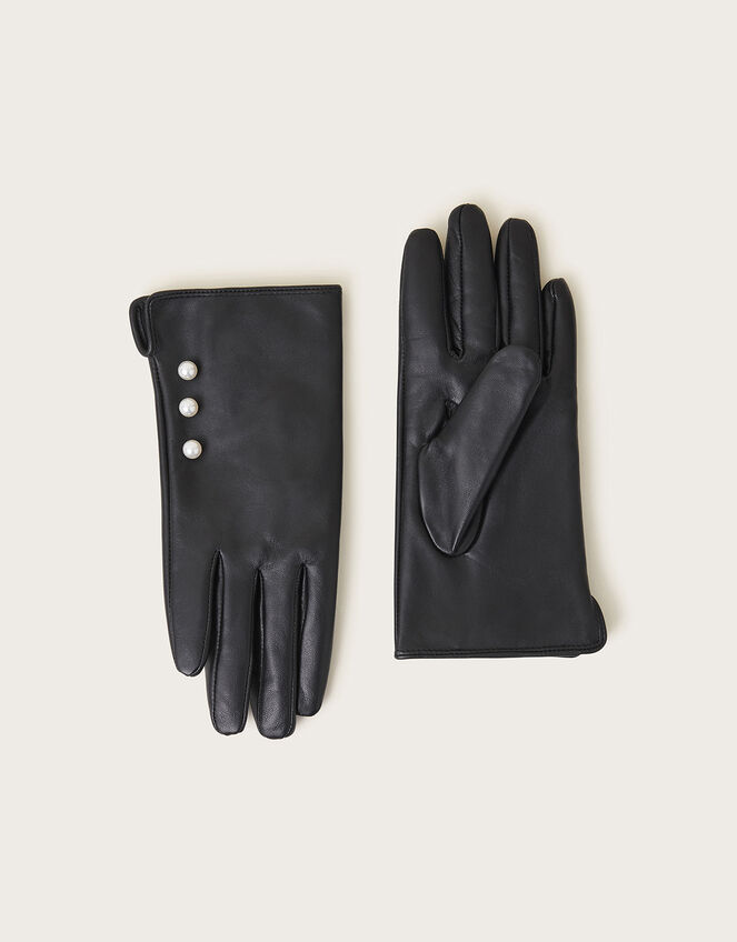Leather Pearl Button Gloves, Black (BLACK), large