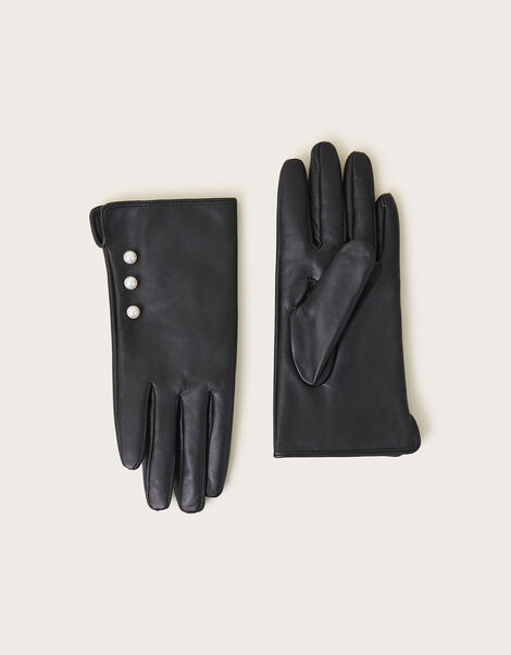 Leather Pearl Button Gloves, Black (BLACK), large