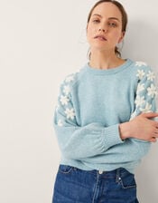 Eva Embroidered Sleeve Sweater, Blue (BLUE), large