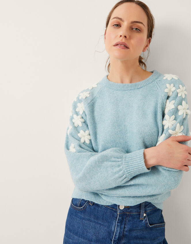 Eva Embroidered Sleeve Sweater, Blue (BLUE), large