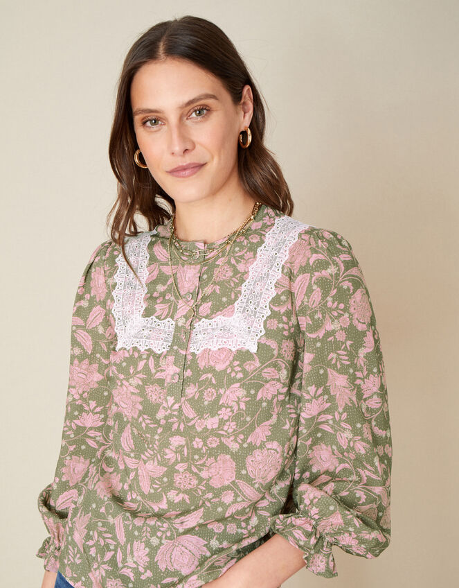 Linie Lace Floral Print Blouse, Green (KHAKI), large
