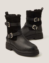 Leya Shearling Leather Biker Boots, Black (BLACK), large