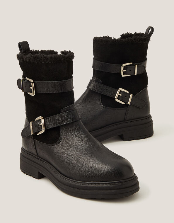 Leya Shearling Leather Biker Boots, Black (BLACK), large