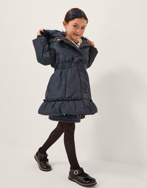 Frill Bow Hooded Coat, Blue (NAVY), large