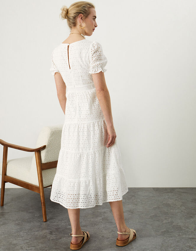 Broderie Midi Dress in Sustainable Cotton, White (WHITE), large