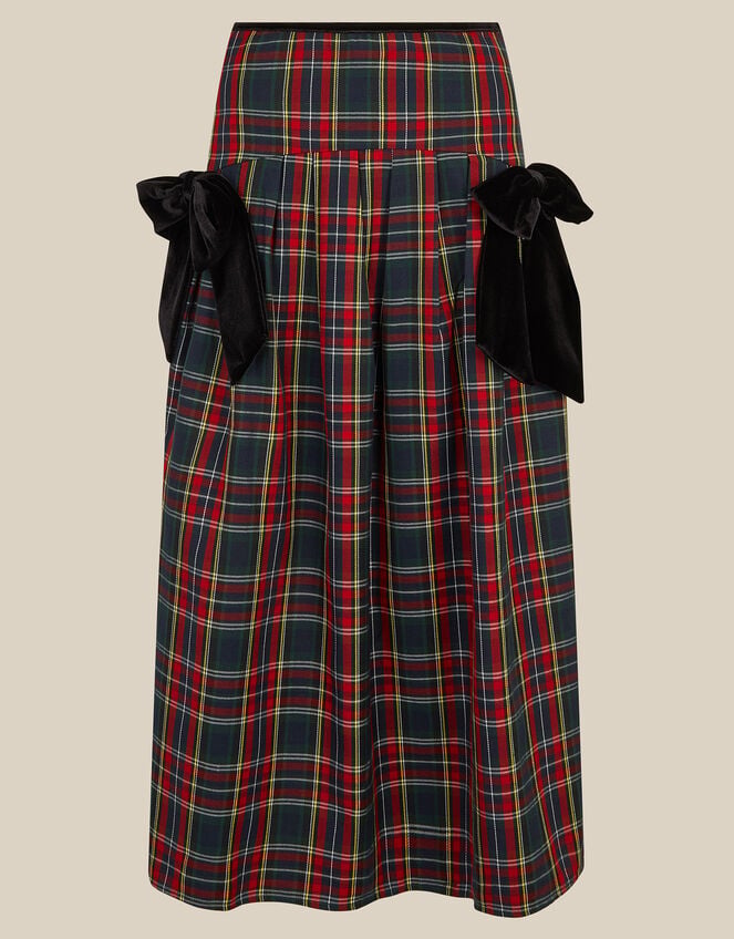 Dottie Velvet Bow Tartan Midi Skirt, Red (RED), large