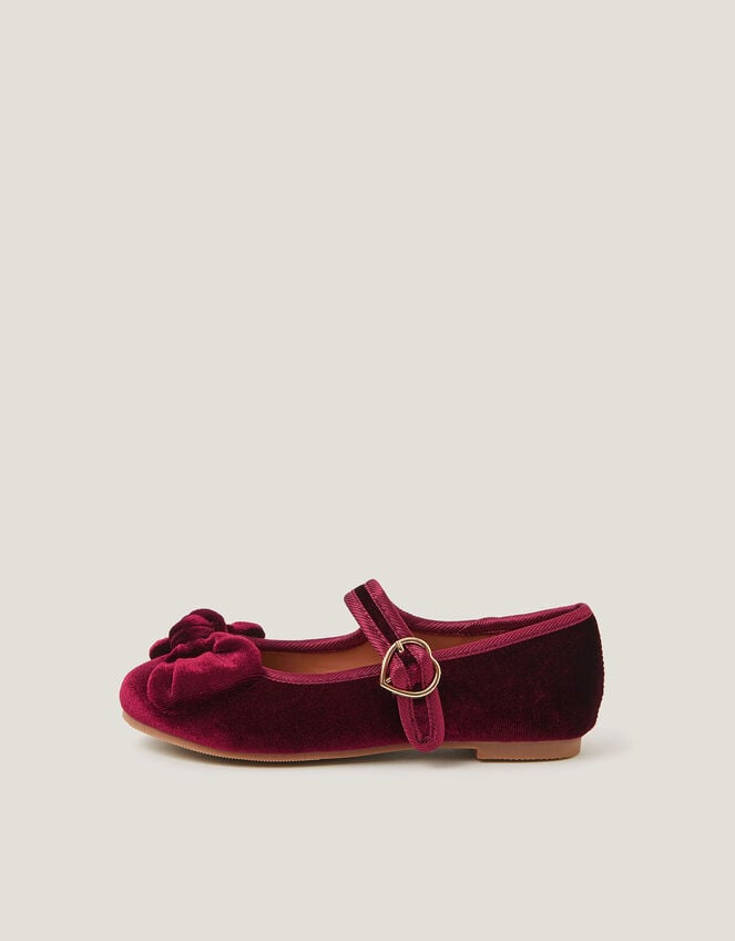 Velvet Bow Strap Ballet Flats, Red (BURGUNDY), large
