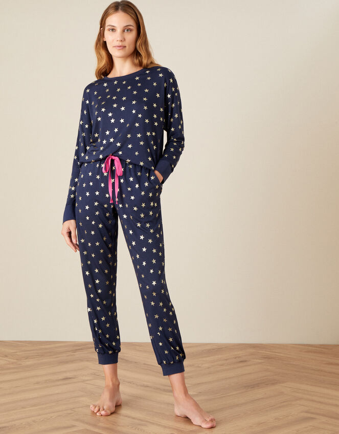 Foil Star Print Pyjama Set, Blue (NAVY), large