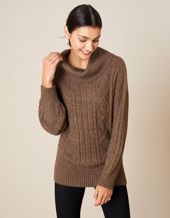 Ida Cable Cowl Neck Jumper, Brown (CHOCOLATE), large