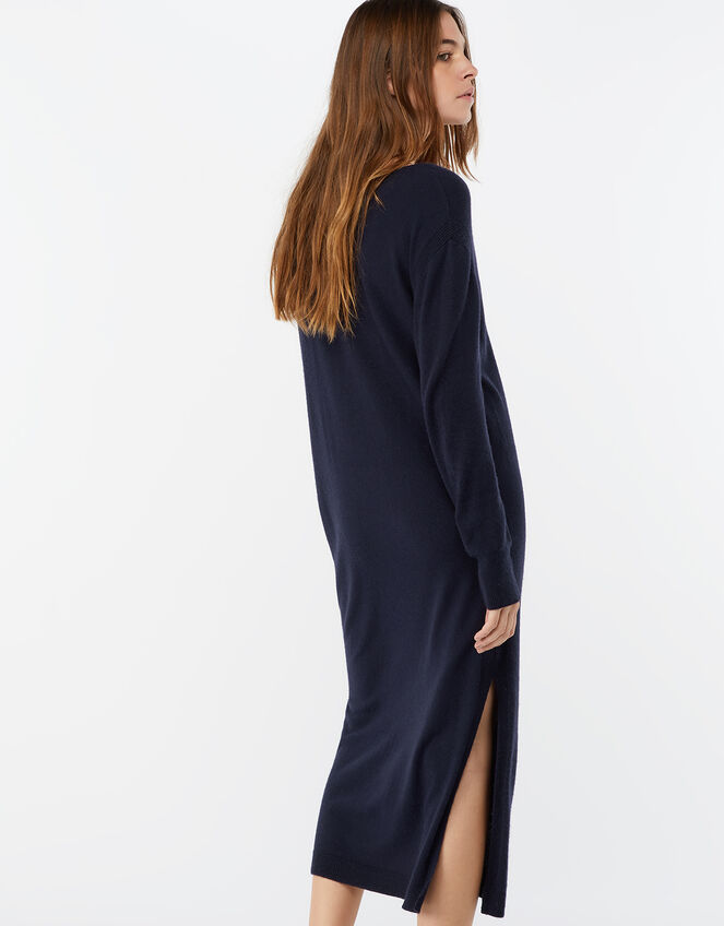 Lexi V Neck Longline Dress in Wool Blend, Blue (NAVY), large
