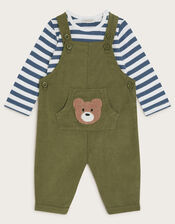 Long Sleeve Top and Bear Corduroy Dungarees Set, Green (KHAKI), large