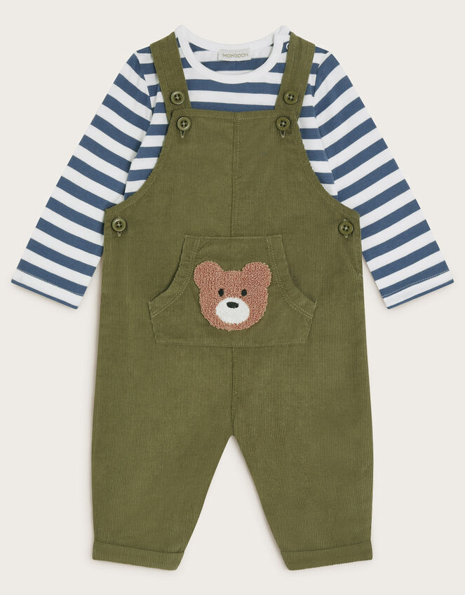 Long Sleeve Top and Bear Corduroy Dungarees Set, Green (KHAKI), large