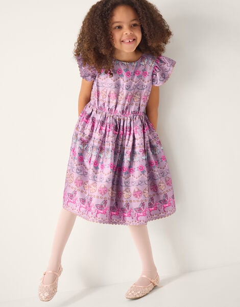 Magical Unicorn Print Satin Dress, Purple (PURPLE), large