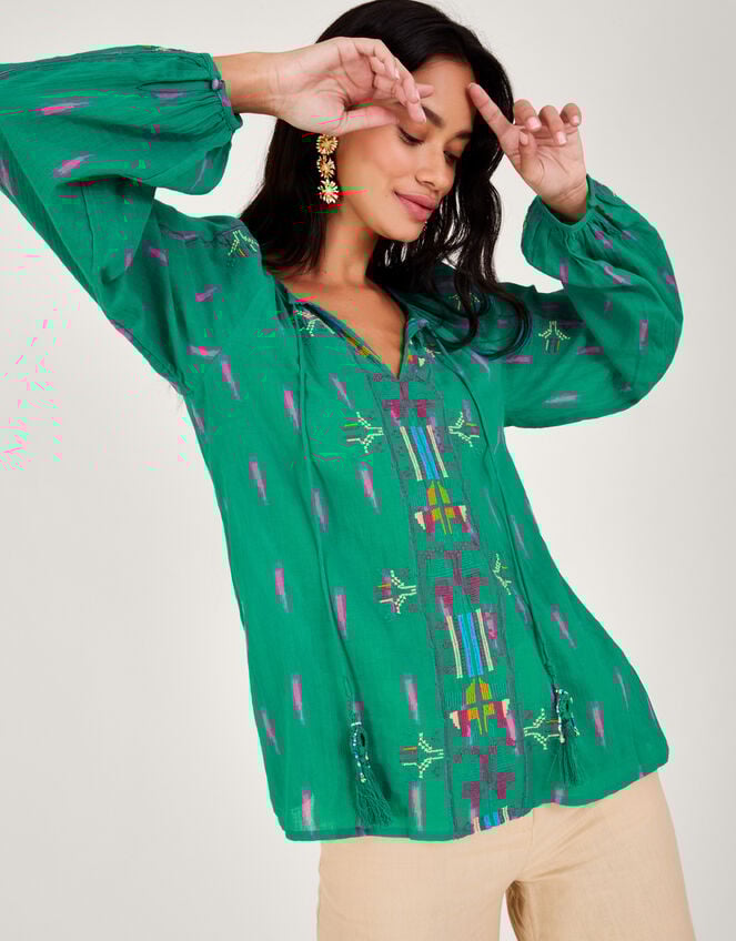 Embroidered Tie Neck Top, Green (GREEN), large