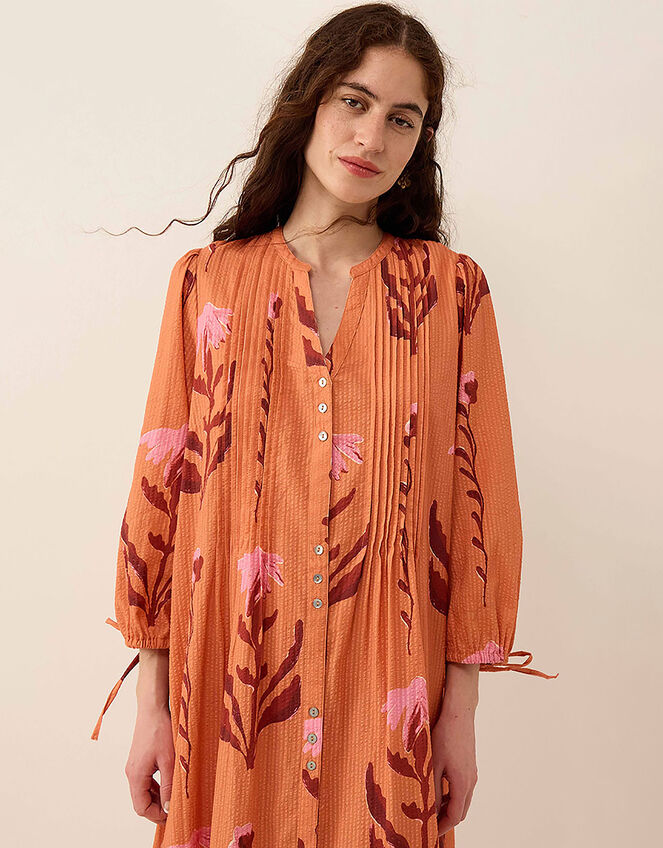 East Maisie Botanical Print Cotton Seersucker Dress, Orange (ORANGE), large