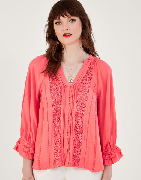 Hattie Lace Insert Top in Sustainable Viscose, Orange (CORAL), large