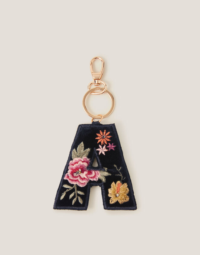 Floral Embroidered Initial Keyring, Black (BLACK), large