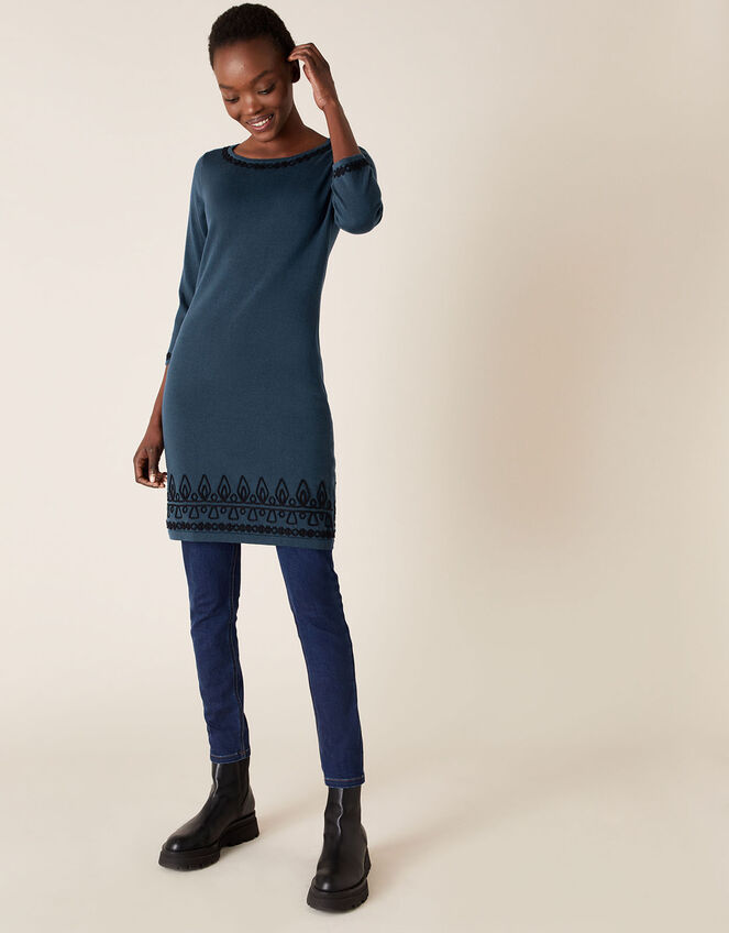 Cornelli Trim Knit Dress, Teal (TEAL), large