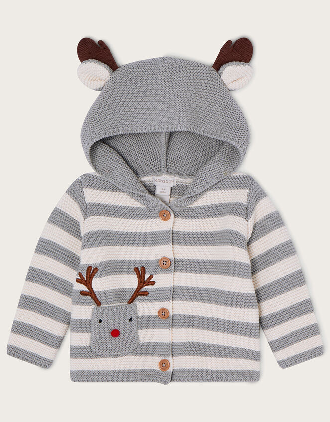 Newborn Rory Reindeer Stripe Knit Cardigan, Grey (GREY), large