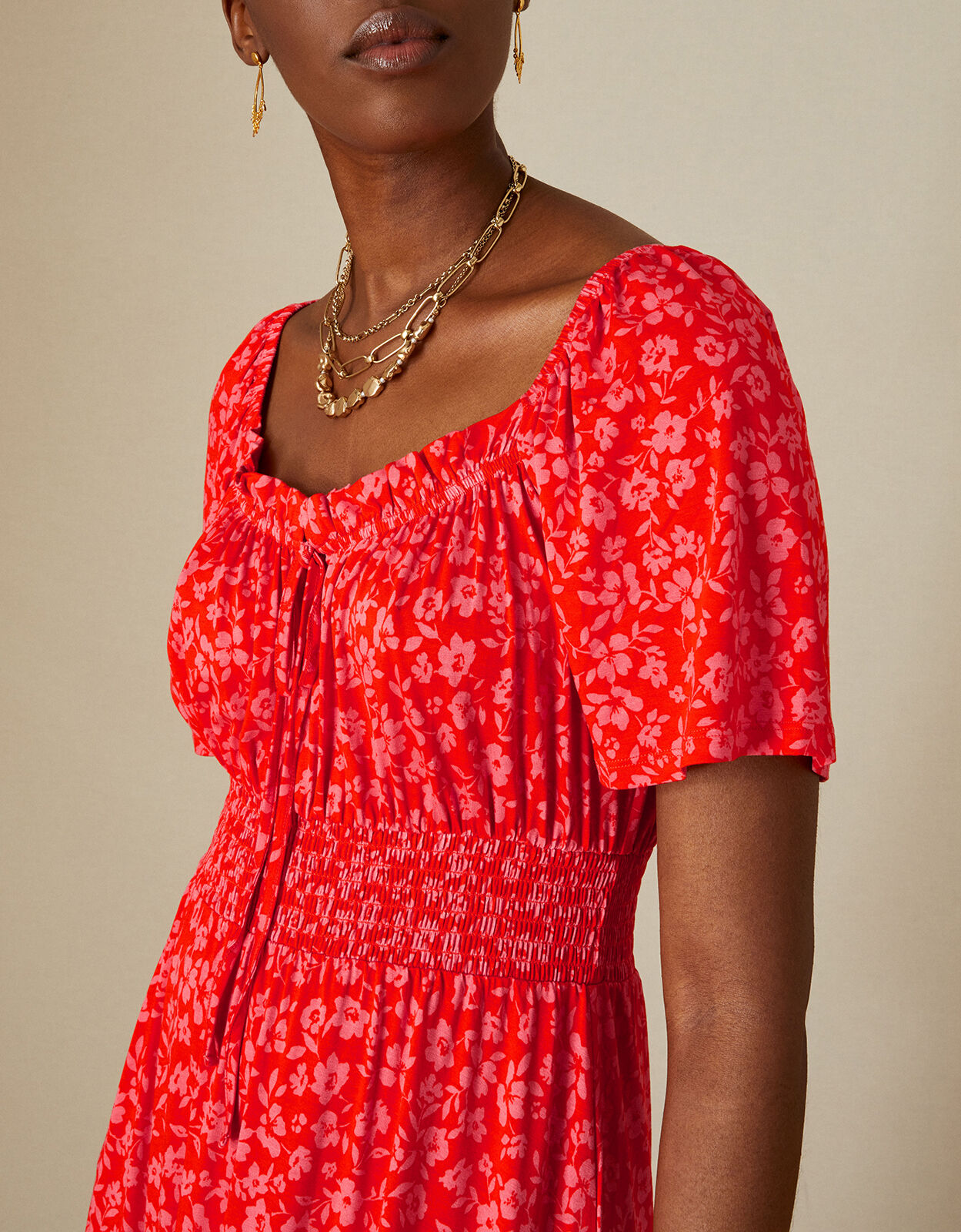 Ditsy Print Angel Sleeve Midi Jersey Dress Red