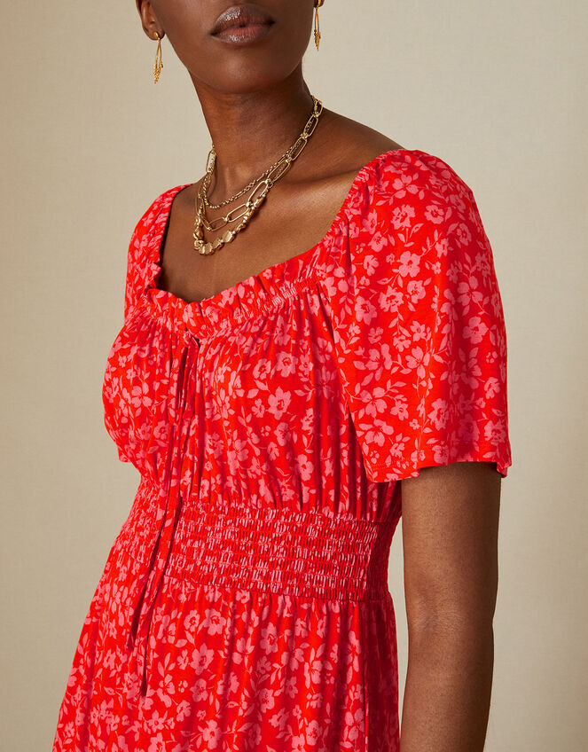Ditsy Print Angel Sleeve Midi Jersey Dress, Red (RED), large