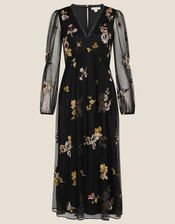 Teri Embroidered Midi Dress in Recycled Polyester, Black (BLACK), large