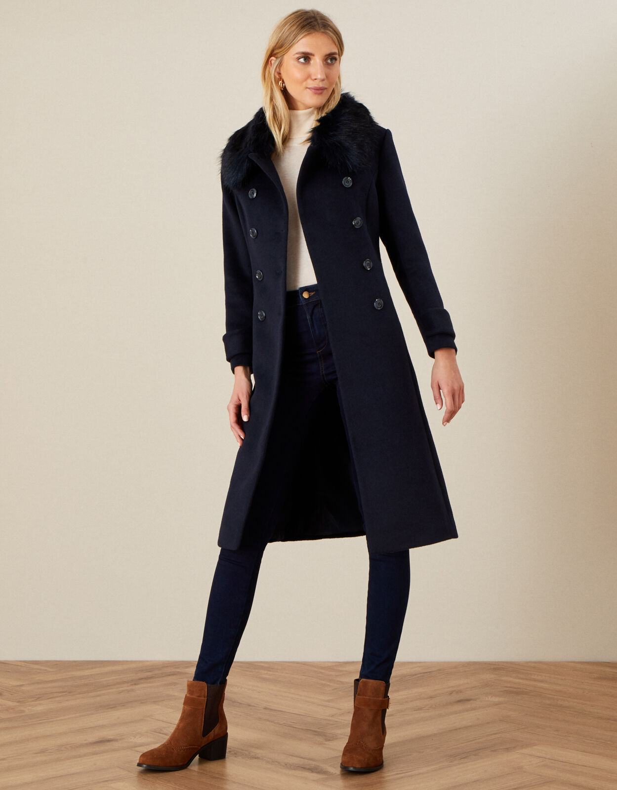 Navy coat with fur collar sale