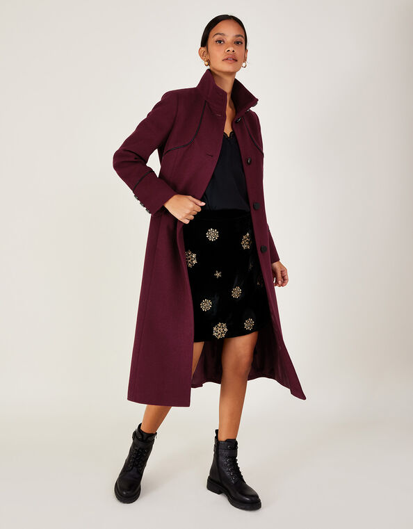 Fiona PU Tipped Funnel Coat, Red (BERRY), large