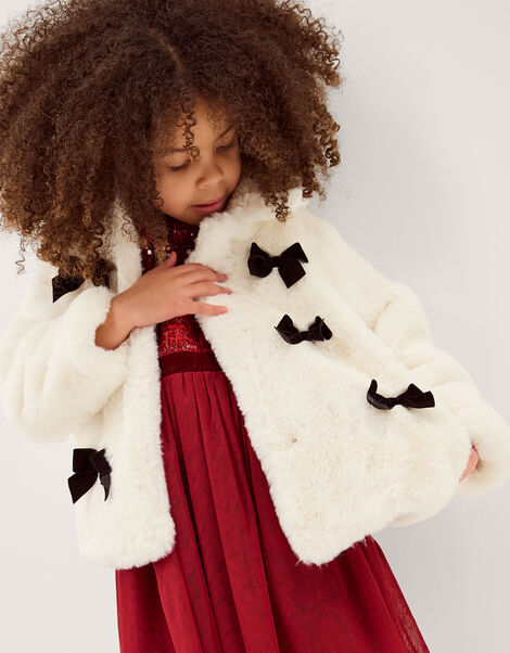 Bow Faux Fur Coat, Cream (CREAM), large
