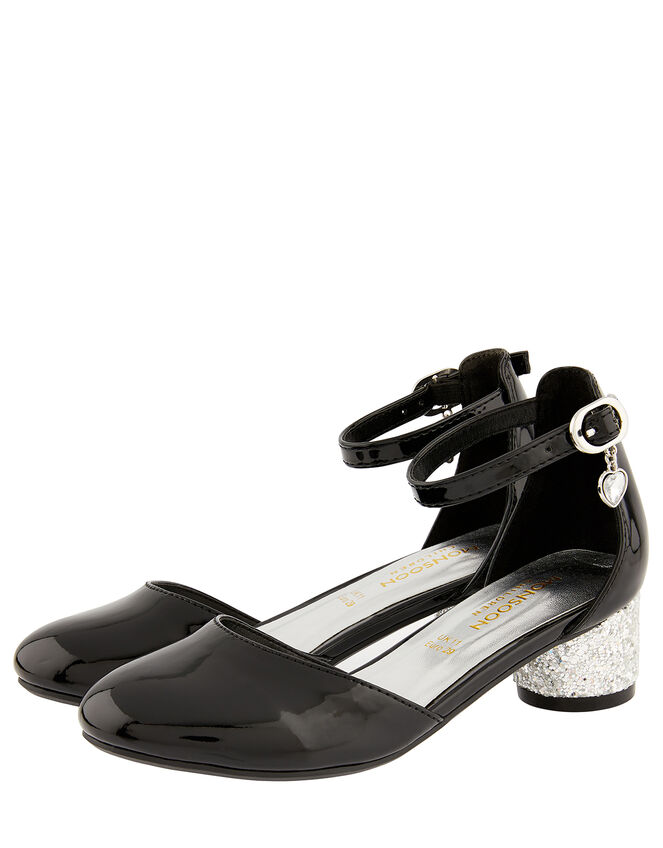 Heart Charm Patent Two-Part Heeled Shoes, Black (BLACK), large