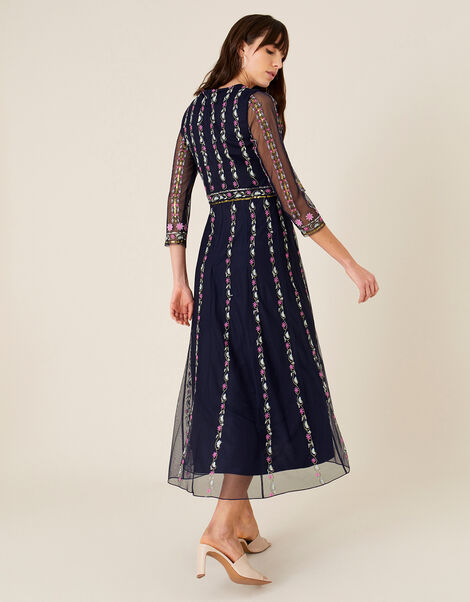 Amara Embroidered Midi Dress Blue, Blue (NAVY), large