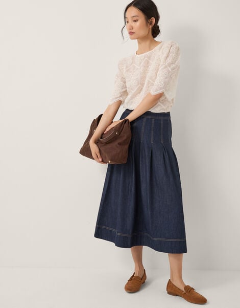 Darcie Pleated Denim Midi Skirt, Blue (INDIGO), large