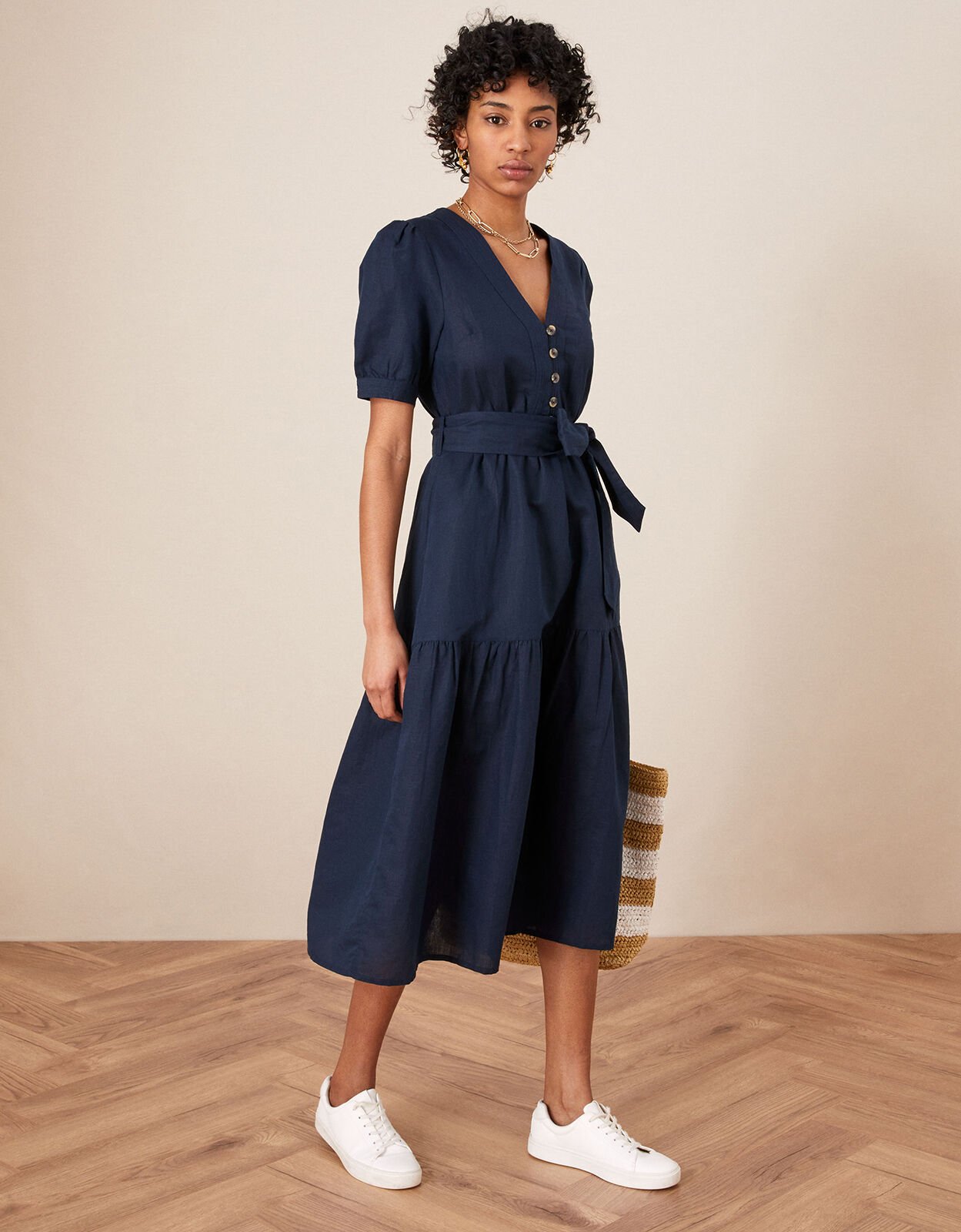 Blue linen deals midi dress