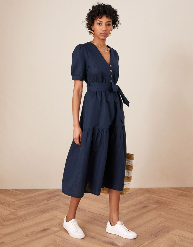 Plain Midi Dress in Linen Blend, Blue (NAVY), large