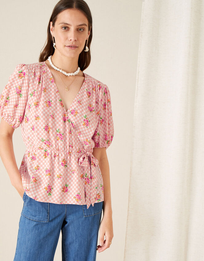 Gabriella Gingham Floral Wrap Top, Pink (PINK), large