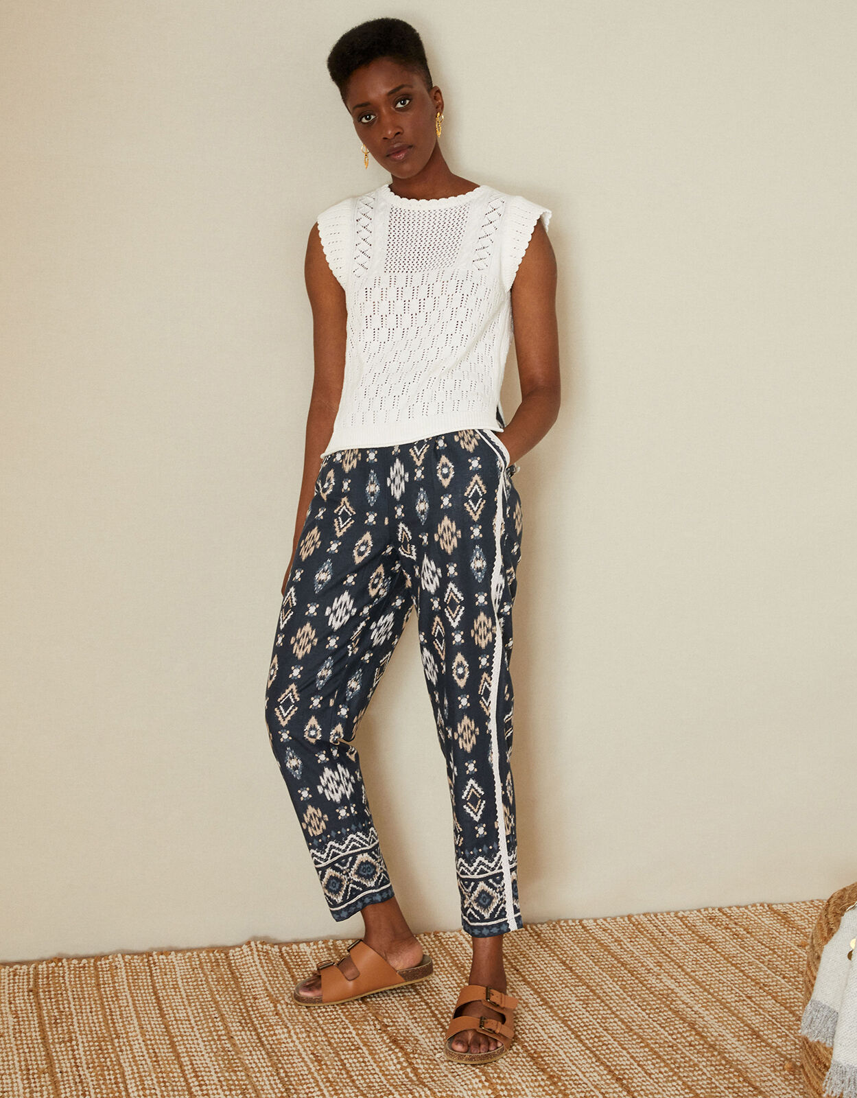 Ikat Print Pull On Trousers in Sustainable Cotton Blue