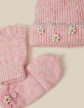 Scallop Beanie Hat & Fingerless Gloves Set, Pink (PINK), large