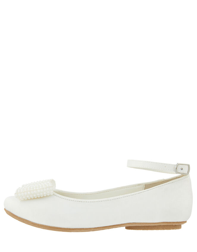 Genevieve Satin Ballet Flats with Pearl Bow, White (WHITE), large