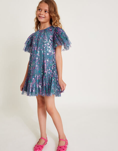 Frilly Sleeve Metallic Print Mesh Dress, Grey (GREY), large