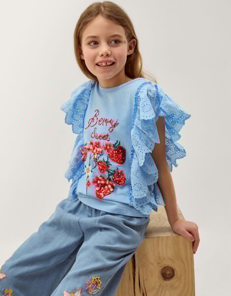 Embellished Strawberry Broderie Ruffle Top, Blue (BLUE), large