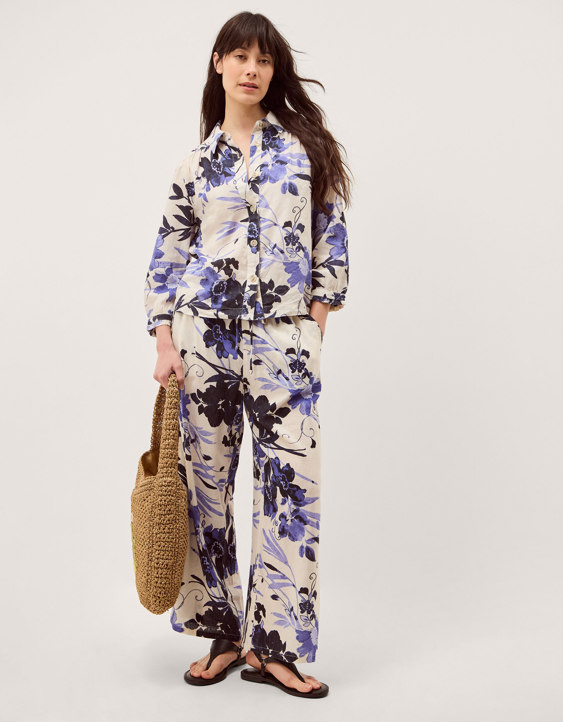 Nicolette Floral Linen Blend Wide Leg Pants Blue | Pants