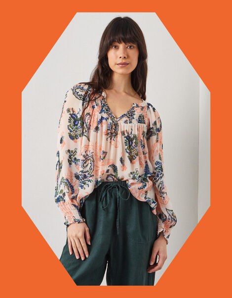 East Leilli Sheer Botanical Print Blouse, Multi (MULTI), large